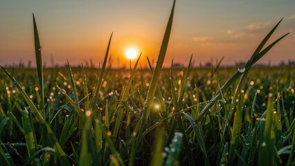 Fototapeta premium Dew-kissed grass illuminated by the glow of dawn, showcasing a serene morning scene.