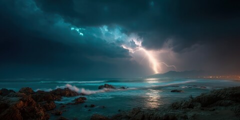 Lightning illuminates the rough ocean, waves smashing into the rocky coast