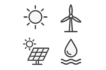 Sustainable energy symbols represent solar, wind, and hydro power solutions for a cleaner future