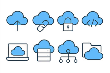Cloud computing icons representing upload, link, security, data management, and storage solutions