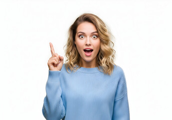 Woman has an idea Eureka moment surprised expression blonde hair blue sweater white background creative thinking problem solution