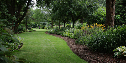Obraz premium Lush Green Lawn With Natural Bark Mulch Border and Soft Edging for Garden Landscaping Design Inspiration