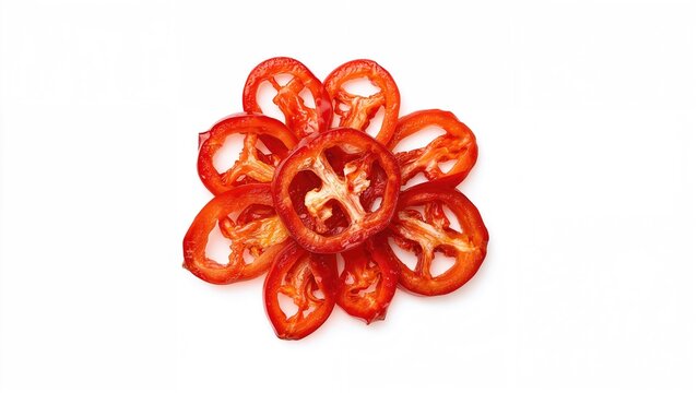 Sliced red chili peppers arranged on a white surface, top-down perspective.