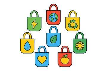 Colorful locks representing sustainability, nature, and energy in a modern design