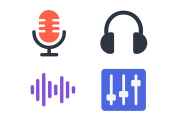 Icons representing audio equipment and sound editing tools for creative projects and media production