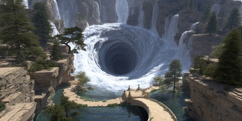 Magical floating world where waterfalls disappear into a swirling abyss