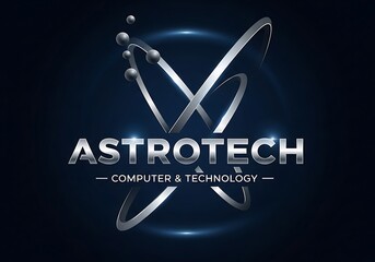 Astrotech computer technology logo with abstract atomic structure and futuristic glow on dark blue background