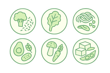 Detailed illustrations showcase a variety of vegetables, legumes, and healthy foods arranged in circular designs