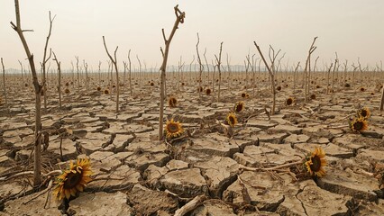 Dead sunflowers lying in a cracked, drought-affected area. Results of climate alteration and increasing desertification. Summer dryness eradicated all flora