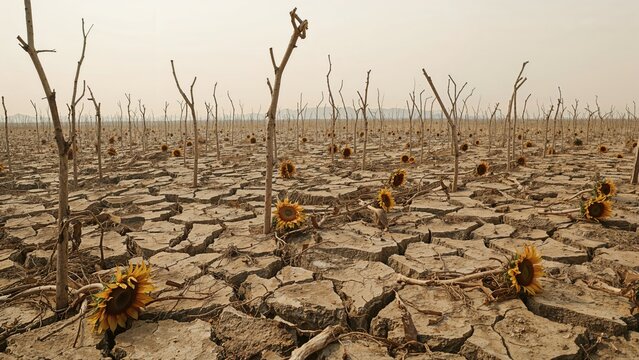 Dead sunflowers lying in a cracked, drought-affected area. Results of climate alteration and increasing desertification. Summer dryness eradicated all flora