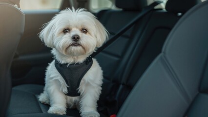 Tiny Maltese dog secured with a safety harness on the rear seat of a vehicle