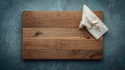 Fototapeta premium Bird's-eye perspective of a wooden cutting board and fabric on a blue surface and concrete floor, leaving room for text