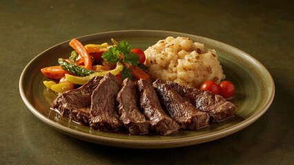 A plate of cooked meat, mashed potatoes, and garden-fresh vegetables
