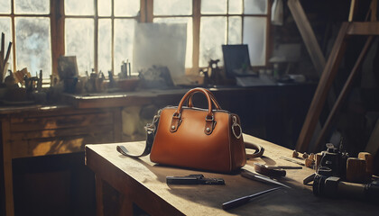 AI generator images of Handmade leather bags, Desktop in the shoemaker workshop. The process of making leather shoes. Brown Leather laptop bag corporate 