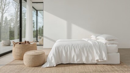 Elegant bedroom interior design featuring bright white bedding and natural woven accessories in a light-filled contemporary space