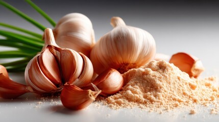 An aesthetic composition featuring fresh garlic cloves alongside garlic powder, displaying the ingredient's versatility in cooking and its rich flavor properties.