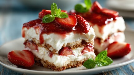 A delectable strawberry dessert layered with creamy frosting and topped with fresh fruits, beautifully presented on a plate and perfect for dessert lovers and culinary delights.