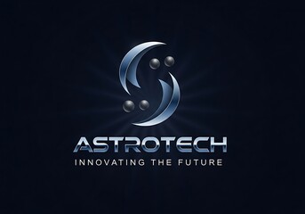 Astrotech logo symbolizing innovation and the future of space technology, with a sleek metallic design on a dark background