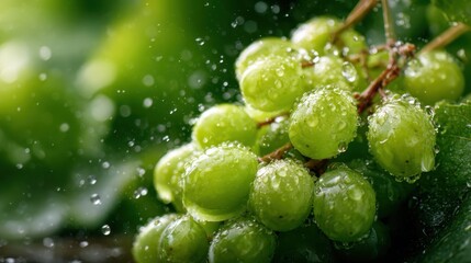 The image captivates with glistening green grapes adorned with water droplets, set against a fresh green background, illustrating the essence of crispness and vitality.