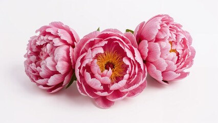 Fototapeta premium Three pink peony flowers set against a white backdrop