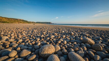 Fototapeta premium Collection of stones and pebbles near a coastal landscape in a lush valley