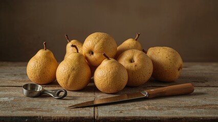 Delicious mature quince with a peeler and knife on a wooden surface, top view
