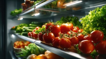 A vibrant selection of fresh vegetables is organized inside a modern refrigerator, highlighting the importance of healthy eating and lifestyle choices in contemporary life.