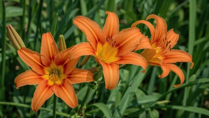 Fototapeta premium The corn lily, Hemerocallis fulva, showcases its orange flowers during June