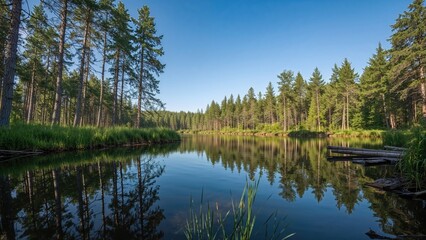 Obraz premium Pond Mirror of Blue Sky Surrounded by Natural Woodland