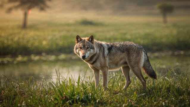 Wild wolf captured in its natural environment among tall grasses