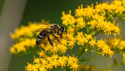 Honeybee collecting nectar from vibrant yellow flowers.
