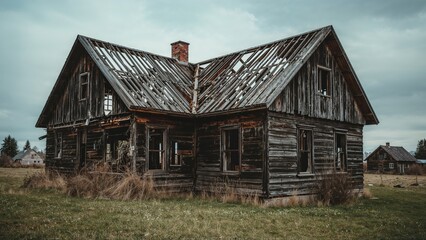 Obraz premium A striking image portraying an old, neglected farmhouse set in a rural area, with a fallen roof and clear indications of decay.