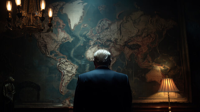 A country or world leader, premier or president stands with his back to us looking at a version of the global map. Wide landscape 16:9 with copy space