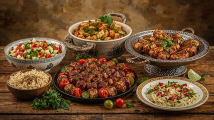 Classic Dishes Featuring Grilled Kebab, Shish Taouk, and Vibrant Salads