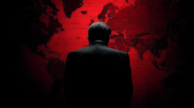 A country or world leader, premier or president stands with his back to us looking at a version of the global map. Wide landscape 16:9 with copy space