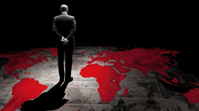 A country or world leader, premier or president stands with his back to us looking at a version of the global map. Wide landscape 16:9 with copy space