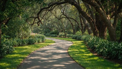 Obraz premium Peaceful walkway curves amidst rich foliage, encouraging relaxing nature strolls