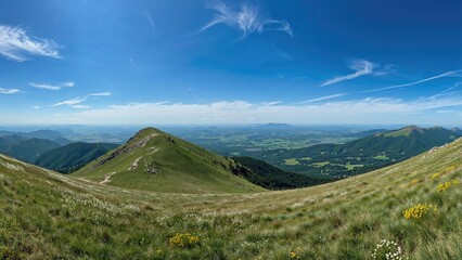 Fototapeta premium Wide-angle landscape of hills and mountains under a clear summer sky