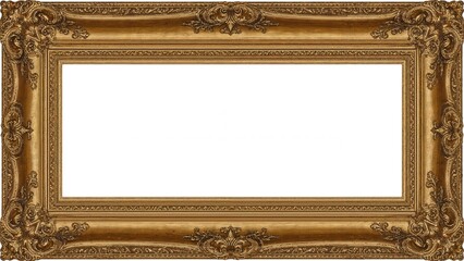 Classic Old-Style Wooden Rectangle Frame with Antique Gold and Brown Finish. Isolated Blank Canvas Mockup for Various Uses.