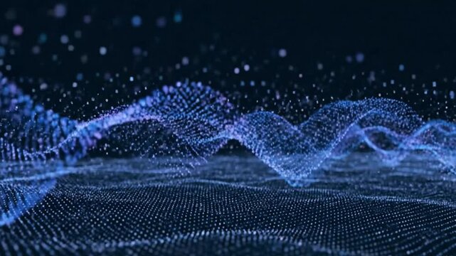 Blue digital landscape dots arranged in wavy formations dark background