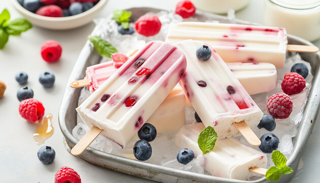 AI generator images of Raspberry ice lollies ,Raspberry yogurt popsicles with simple ingredients, Healthy strawberry blueberry yogurt popsicles on a plate