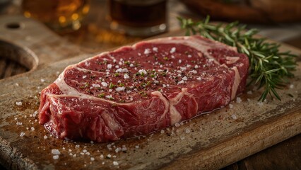 Fototapeta premium Fresh raw steak seasoned with spices and herbs, displayed in a traditional kitchen environment