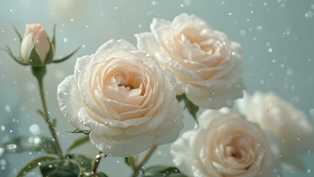 Macro shot of roses featuring water drops, emphasizing summer and spring themes