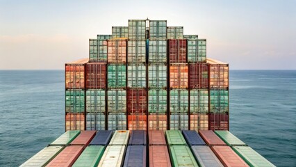 Fototapeta premium A large stack of shipping containers is arranged in a pyramid shape, overlooking the calm sea under a clear sky.