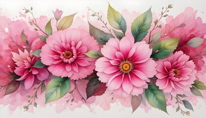 Pink Floral Wash Painting in Watercolor with Green Leaves