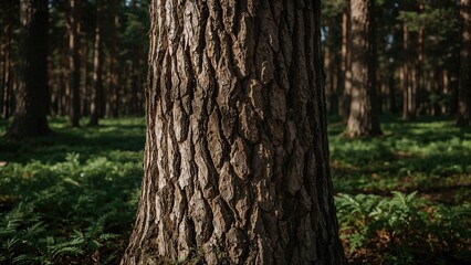 Abstract pattern of a sliced pine log surrounded by lush greenery