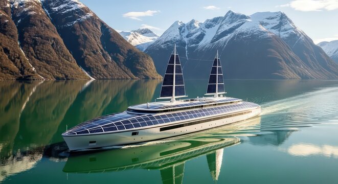 Majestic Solar Sail Yacht Gliding on a Fjord's Mirror-Like Water - Powered by Adobe