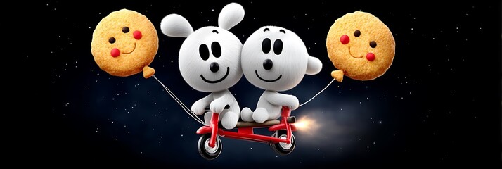Naklejka premium Two cartoon characters ride a scooter holding cookie balloons in the night sky