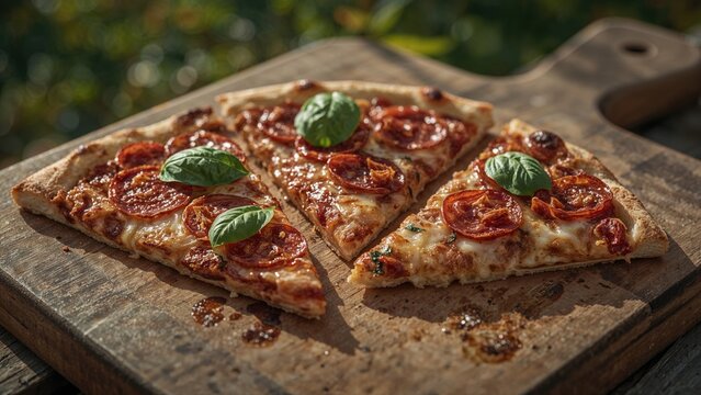 Radiant pizza slices featuring crunchy pepperoni and fresh basil - A decadent taste of the summer season.