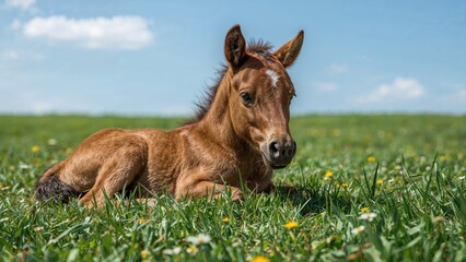 Fototapeta premium A Colt Rolling Around on Verdant Turf